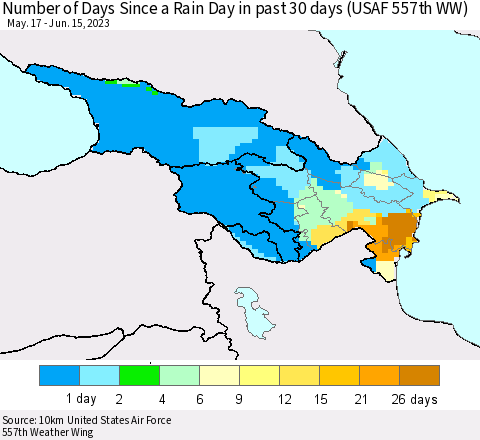 Azerbaijan, Armenia and Georgia Number of Days Since a Rain Day in past 30 days (USAF 557th WW) Thematic Map For 6/11/2023 - 6/15/2023