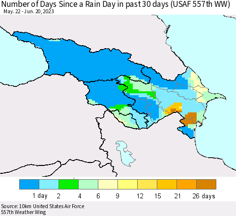 Azerbaijan, Armenia and Georgia Number of Days Since a Rain Day in past 30 days (USAF 557th WW) Thematic Map For 6/16/2023 - 6/20/2023