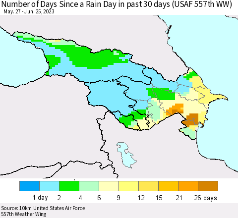 Azerbaijan, Armenia and Georgia Number of Days Since a Rain Day in past 30 days (USAF 557th WW) Thematic Map For 6/21/2023 - 6/25/2023