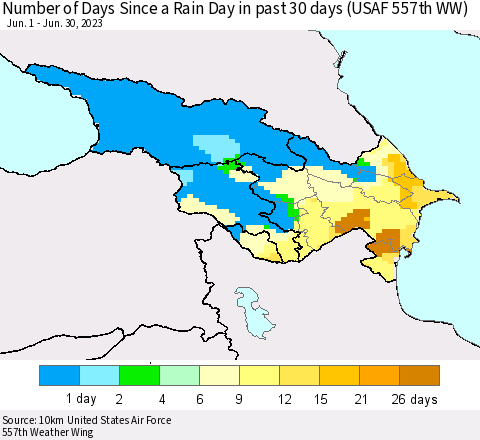 Azerbaijan, Armenia and Georgia Number of Days Since a Rain Day in past 30 days (USAF 557th WW) Thematic Map For 6/26/2023 - 6/30/2023