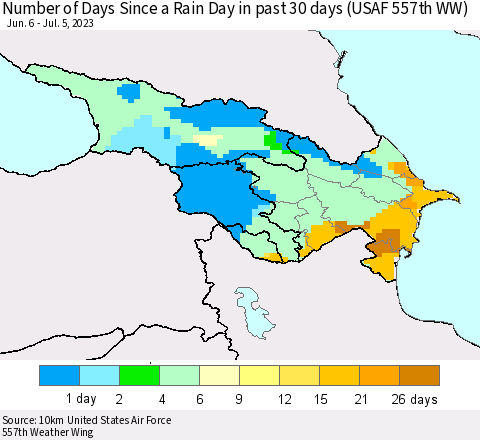 Azerbaijan, Armenia and Georgia Number of Days Since a Rain Day in past 30 days (USAF 557th WW) Thematic Map For 7/1/2023 - 7/5/2023