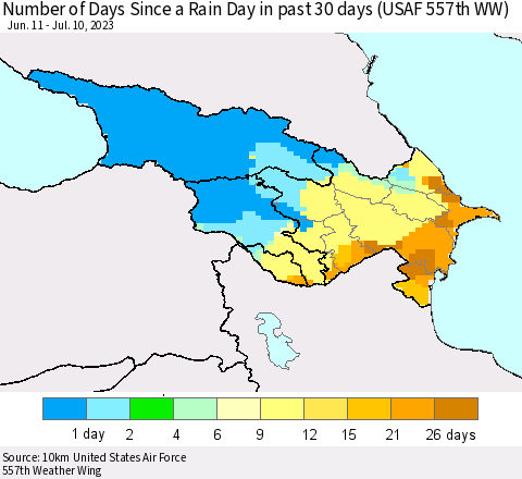 Azerbaijan, Armenia and Georgia Number of Days Since a Rain Day in past 30 days (USAF 557th WW) Thematic Map For 7/6/2023 - 7/10/2023