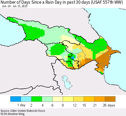 Azerbaijan, Armenia and Georgia Number of Days Since a Rain Day in past 30 days (USAF 557th WW) Thematic Map For 7/11/2023 - 7/15/2023