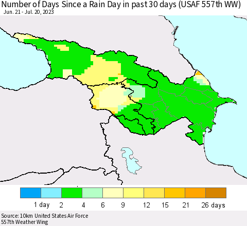 Azerbaijan, Armenia and Georgia Number of Days Since a Rain Day in past 30 days (USAF 557th WW) Thematic Map For 7/16/2023 - 7/20/2023