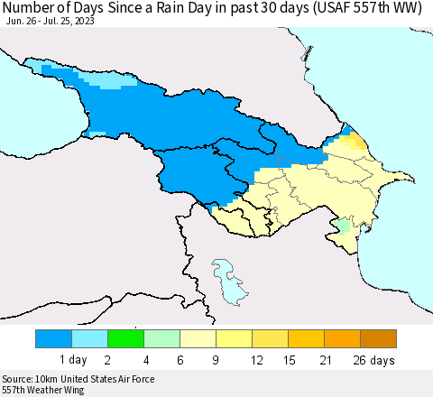 Azerbaijan, Armenia and Georgia Number of Days Since a Rain Day in past 30 days (USAF 557th WW) Thematic Map For 7/21/2023 - 7/25/2023