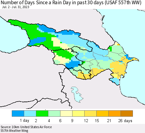 Azerbaijan, Armenia and Georgia Number of Days Since a Rain Day in past 30 days (USAF 557th WW) Thematic Map For 7/26/2023 - 7/31/2023