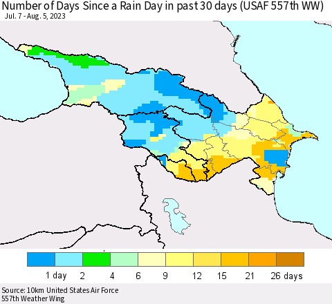 Azerbaijan, Armenia and Georgia Number of Days Since a Rain Day in past 30 days (USAF 557th WW) Thematic Map For 8/1/2023 - 8/5/2023