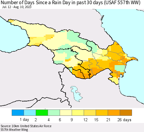 Azerbaijan, Armenia and Georgia Number of Days Since a Rain Day in past 30 days (USAF 557th WW) Thematic Map For 8/6/2023 - 8/10/2023