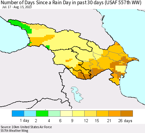 Azerbaijan, Armenia and Georgia Number of Days Since a Rain Day in past 30 days (USAF 557th WW) Thematic Map For 8/11/2023 - 8/15/2023