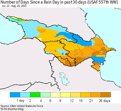 Azerbaijan, Armenia and Georgia Number of Days Since a Rain Day in past 30 days (USAF 557th WW) Thematic Map For 8/16/2023 - 8/20/2023