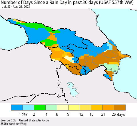 Azerbaijan, Armenia and Georgia Number of Days Since a Rain Day in past 30 days (USAF 557th WW) Thematic Map For 8/21/2023 - 8/25/2023