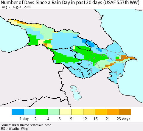 Azerbaijan, Armenia and Georgia Number of Days Since a Rain Day in past 30 days (USAF 557th WW) Thematic Map For 8/26/2023 - 8/31/2023