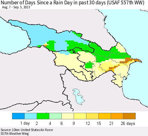 Azerbaijan, Armenia and Georgia Number of Days Since a Rain Day in past 30 days (USAF 557th WW) Thematic Map For 9/1/2023 - 9/5/2023