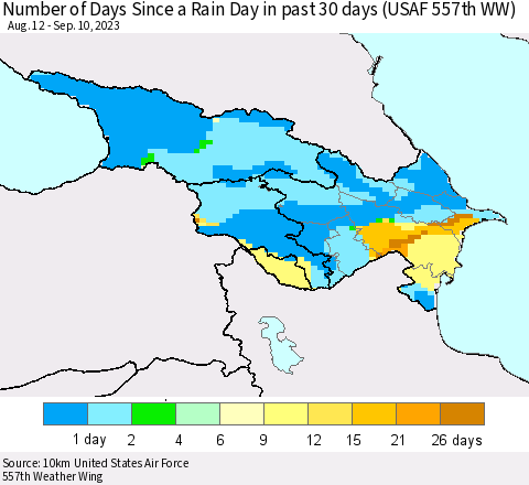 Azerbaijan, Armenia and Georgia Number of Days Since a Rain Day in past 30 days (USAF 557th WW) Thematic Map For 9/6/2023 - 9/10/2023