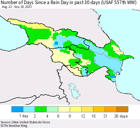Azerbaijan, Armenia and Georgia Number of Days Since a Rain Day in past 30 days (USAF 557th WW) Thematic Map For 9/16/2023 - 9/20/2023