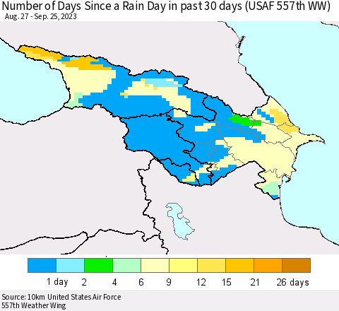 Azerbaijan, Armenia and Georgia Number of Days Since a Rain Day in past 30 days (USAF 557th WW) Thematic Map For 9/21/2023 - 9/25/2023