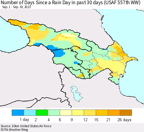 Azerbaijan, Armenia and Georgia Number of Days Since a Rain Day in past 30 days (USAF 557th WW) Thematic Map For 9/26/2023 - 9/30/2023