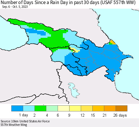 Azerbaijan, Armenia and Georgia Number of Days Since a Rain Day in past 30 days (USAF 557th WW) Thematic Map For 10/1/2023 - 10/5/2023