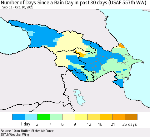 Azerbaijan, Armenia and Georgia Number of Days Since a Rain Day in past 30 days (USAF 557th WW) Thematic Map For 10/6/2023 - 10/10/2023