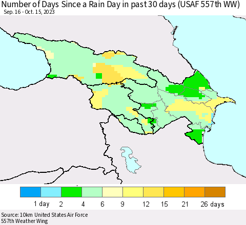 Azerbaijan, Armenia and Georgia Number of Days Since a Rain Day in past 30 days (USAF 557th WW) Thematic Map For 10/11/2023 - 10/15/2023