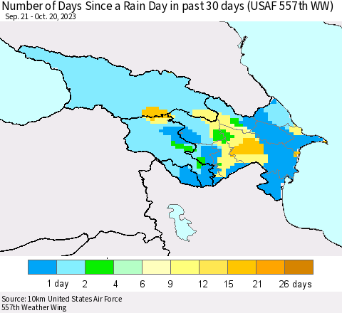 Azerbaijan, Armenia and Georgia Number of Days Since a Rain Day in past 30 days (USAF 557th WW) Thematic Map For 10/16/2023 - 10/20/2023