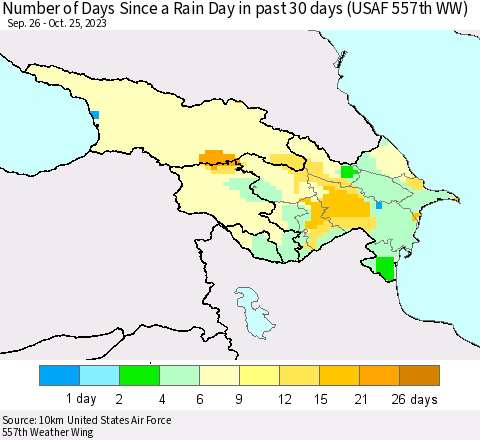 Azerbaijan, Armenia and Georgia Number of Days Since a Rain Day in past 30 days (USAF 557th WW) Thematic Map For 10/21/2023 - 10/25/2023