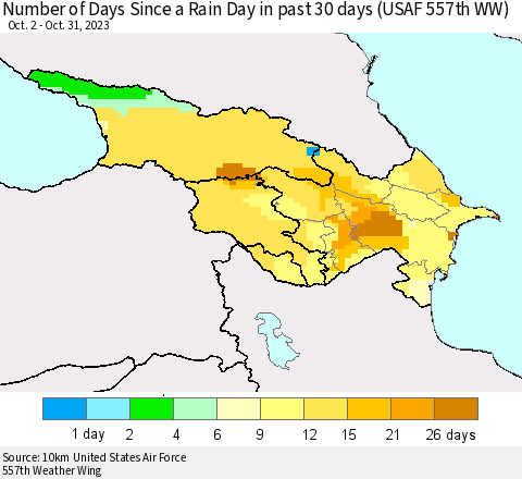 Azerbaijan, Armenia and Georgia Number of Days Since a Rain Day in past 30 days (USAF 557th WW) Thematic Map For 10/26/2023 - 10/31/2023
