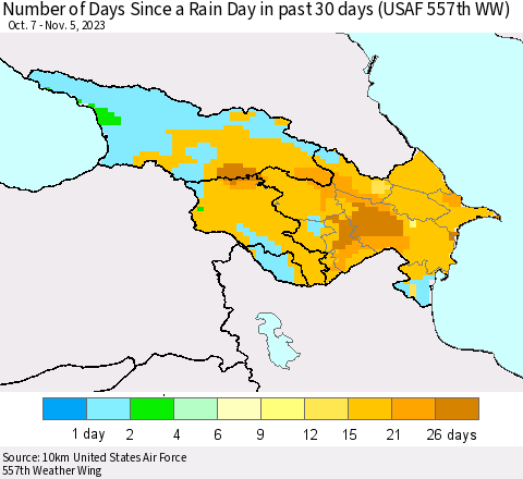 Azerbaijan, Armenia and Georgia Number of Days Since a Rain Day in past 30 days (USAF 557th WW) Thematic Map For 11/1/2023 - 11/5/2023