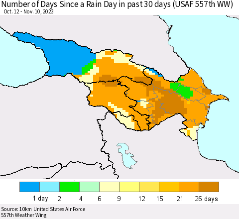 Azerbaijan, Armenia and Georgia Number of Days Since a Rain Day in past 30 days (USAF 557th WW) Thematic Map For 11/6/2023 - 11/10/2023