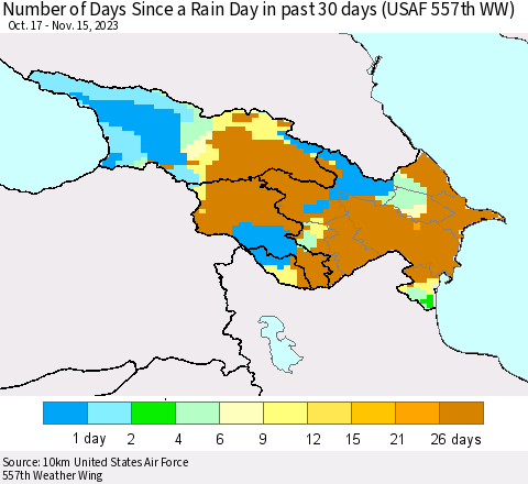 Azerbaijan, Armenia and Georgia Number of Days Since a Rain Day in past 30 days (USAF 557th WW) Thematic Map For 11/11/2023 - 11/15/2023