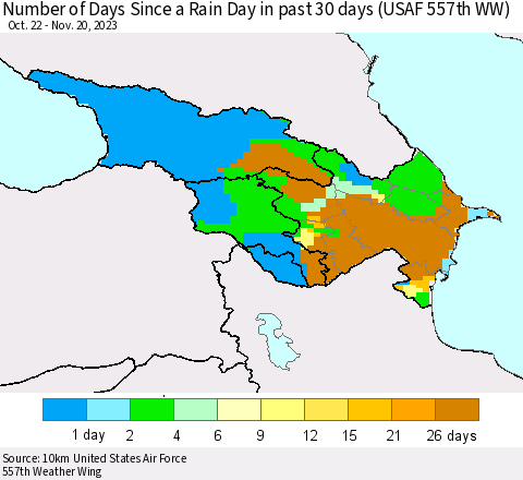 Azerbaijan, Armenia and Georgia Number of Days Since a Rain Day in past 30 days (USAF 557th WW) Thematic Map For 11/16/2023 - 11/20/2023