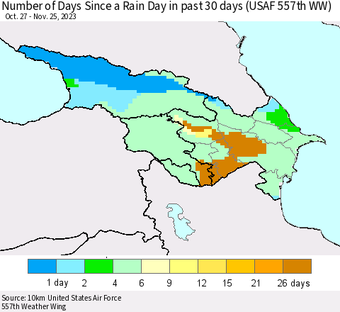 Azerbaijan, Armenia and Georgia Number of Days Since a Rain Day in past 30 days (USAF 557th WW) Thematic Map For 11/21/2023 - 11/25/2023