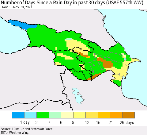 Azerbaijan, Armenia and Georgia Number of Days Since a Rain Day in past 30 days (USAF 557th WW) Thematic Map For 11/26/2023 - 11/30/2023