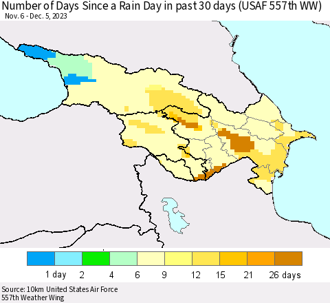Azerbaijan, Armenia and Georgia Number of Days Since a Rain Day in past 30 days (USAF 557th WW) Thematic Map For 12/1/2023 - 12/5/2023