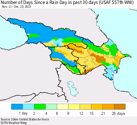 Azerbaijan, Armenia and Georgia Number of Days Since a Rain Day in past 30 days (USAF 557th WW) Thematic Map For 12/6/2023 - 12/10/2023