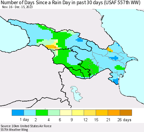 Azerbaijan, Armenia and Georgia Number of Days Since a Rain Day in past 30 days (USAF 557th WW) Thematic Map For 12/11/2023 - 12/15/2023