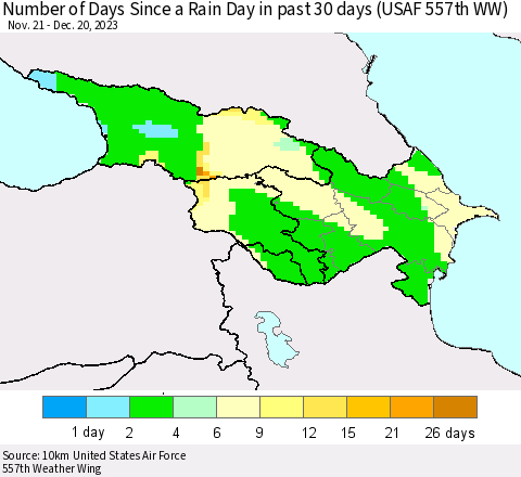 Azerbaijan, Armenia and Georgia Number of Days Since a Rain Day in past 30 days (USAF 557th WW) Thematic Map For 12/16/2023 - 12/20/2023
