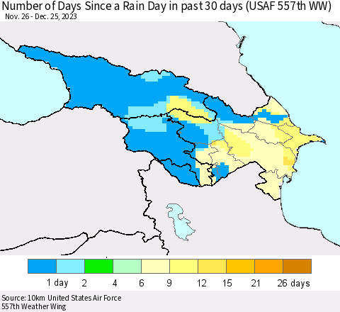 Azerbaijan, Armenia and Georgia Number of Days Since a Rain Day in past 30 days (USAF 557th WW) Thematic Map For 12/21/2023 - 12/25/2023