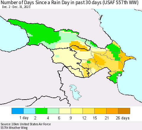 Azerbaijan, Armenia and Georgia Number of Days Since a Rain Day in past 30 days (USAF 557th WW) Thematic Map For 12/26/2023 - 12/31/2023