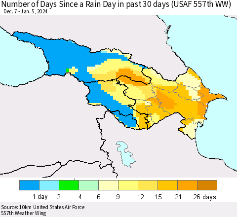 Azerbaijan, Armenia and Georgia Number of Days Since a Rain Day in past 30 days (USAF 557th WW) Thematic Map For 1/1/2024 - 1/5/2024