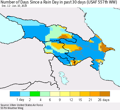 Azerbaijan, Armenia and Georgia Number of Days Since a Rain Day in past 30 days (USAF 557th WW) Thematic Map For 1/6/2024 - 1/10/2024