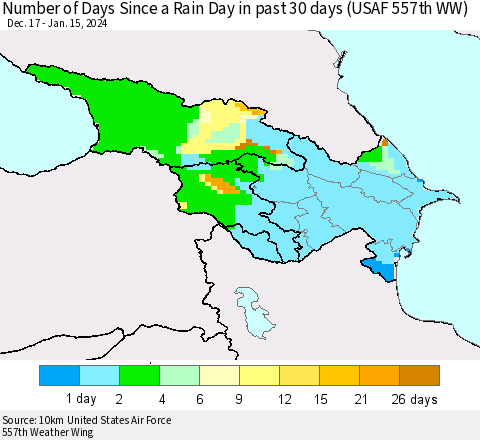 Azerbaijan, Armenia and Georgia Number of Days Since a Rain Day in past 30 days (USAF 557th WW) Thematic Map For 1/11/2024 - 1/15/2024