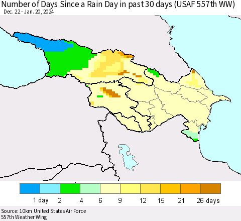 Azerbaijan, Armenia and Georgia Number of Days Since a Rain Day in past 30 days (USAF 557th WW) Thematic Map For 1/16/2024 - 1/20/2024
