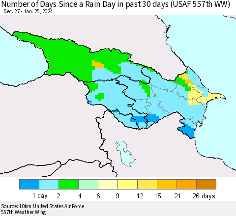 Azerbaijan, Armenia and Georgia Number of Days Since a Rain Day in past 30 days (USAF 557th WW) Thematic Map For 1/21/2024 - 1/25/2024