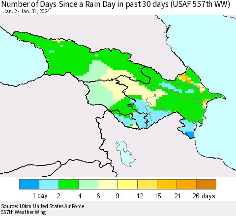 Azerbaijan, Armenia and Georgia Number of Days Since a Rain Day in past 30 days (USAF 557th WW) Thematic Map For 1/26/2024 - 1/31/2024