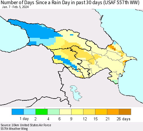 Azerbaijan, Armenia and Georgia Number of Days Since a Rain Day in past 30 days (USAF 557th WW) Thematic Map For 2/1/2024 - 2/5/2024