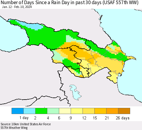 Azerbaijan, Armenia and Georgia Number of Days Since a Rain Day in past 30 days (USAF 557th WW) Thematic Map For 2/6/2024 - 2/10/2024