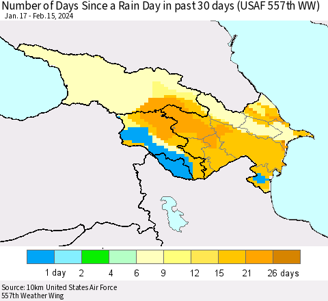 Azerbaijan, Armenia and Georgia Number of Days Since a Rain Day in past 30 days (USAF 557th WW) Thematic Map For 2/11/2024 - 2/15/2024