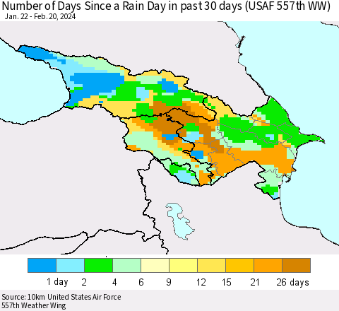 Azerbaijan, Armenia and Georgia Number of Days Since a Rain Day in past 30 days (USAF 557th WW) Thematic Map For 2/16/2024 - 2/20/2024