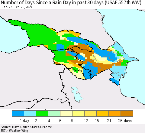 Azerbaijan, Armenia and Georgia Number of Days Since a Rain Day in past 30 days (USAF 557th WW) Thematic Map For 2/21/2024 - 2/25/2024